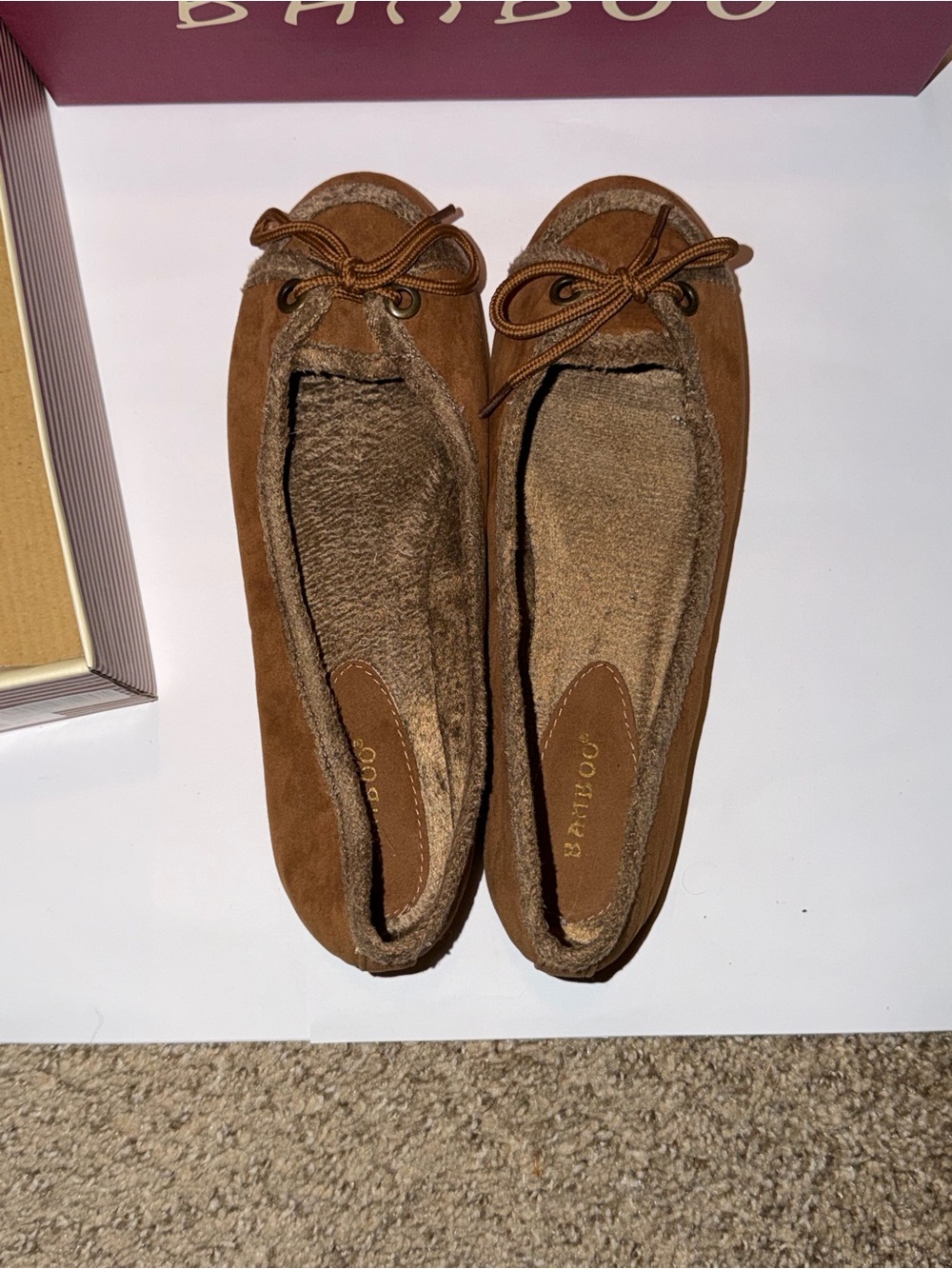 BAMBOO Brown Faux-Suede Moccasin Flats with Bow Trim